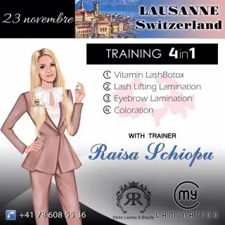 La Formation en rehaussement de cils et LashBotox MyLamination est donné par la formatrice diplômée MyLamination en Suisse ?? à Lausanne, à Raiko Lashes Académie située à l’avenue de France 40. La formation contient 4 modules ✔️ 1. Vitamine LashBotox 2. Lamination et rehaussement de cils 3. Lamination de sourcils 4. Teinture de cils et sourcils ?✂️Le matériel durant la formation est compris dans le prix et le Start KIT est offert pour 10-15 clientes environ ??? ? Le Book de formation le plus complet est offert ? Durée de la formation - 1 journée ✔️23 novembre 2020 ? La partie théorique ?‍? La pratique sur une modèle ? Le Certificat MyLamination est offert à la fin de la formation ? www.mylamination.ch